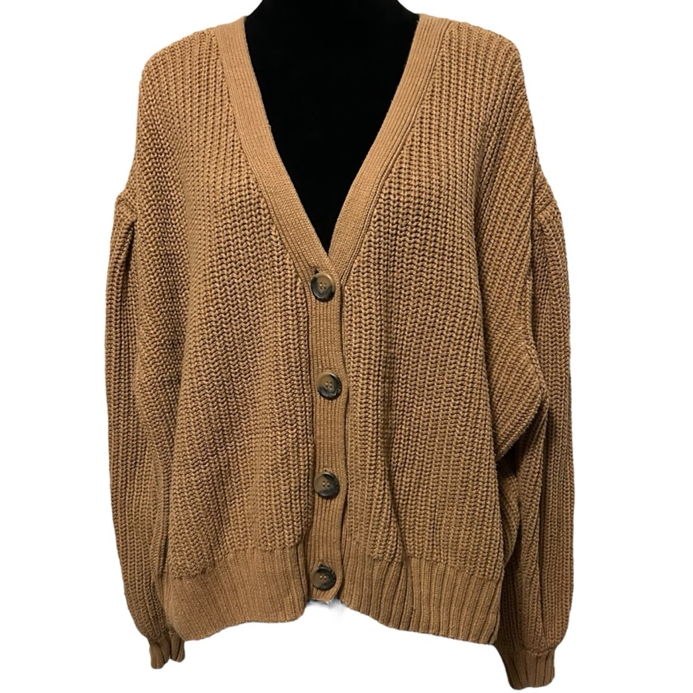ELOQUII Camel Chunky Knit Balloon Sleeve Button Front Sweater 22/24 - Picture 11 of 12